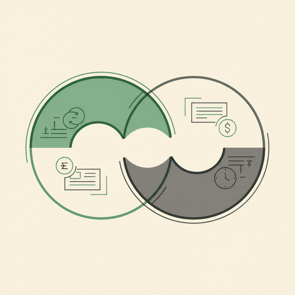 Abstract illustration of a clinic accountant reviewing bank deposits against billing data