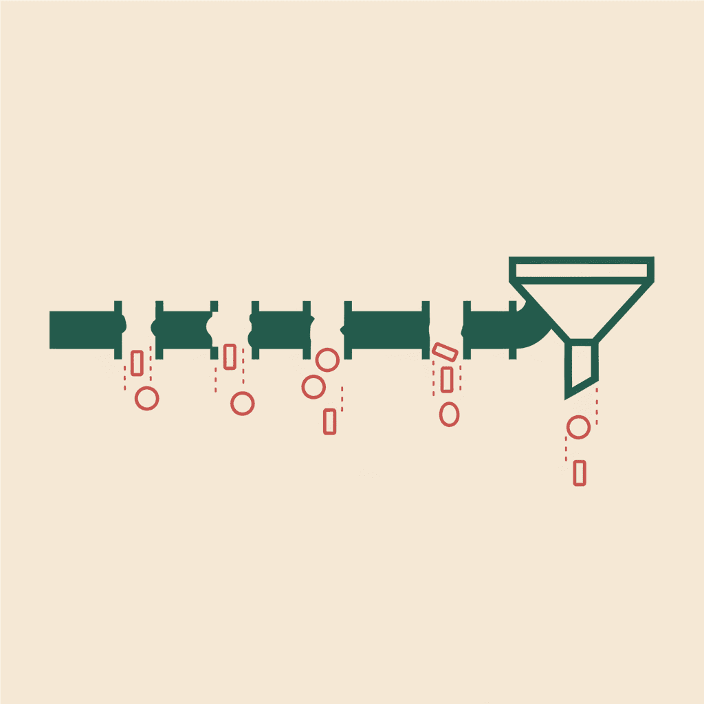 Abstract illustration of a revenue cycle waterfall showing leakage between billing and collections