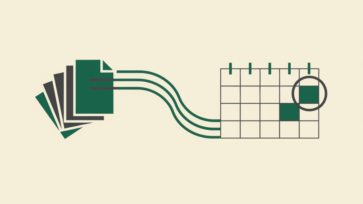 Abstract illustration of contractor payment documents flowing toward a single marked date on a calendar grid