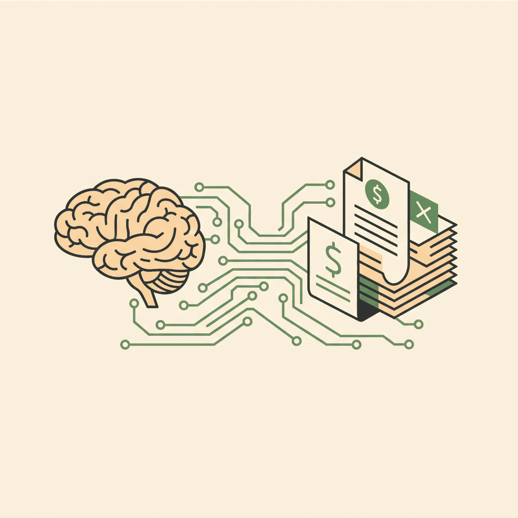Abstract illustration of AI-assisted medical billing workflow with claim scrubbing and coding