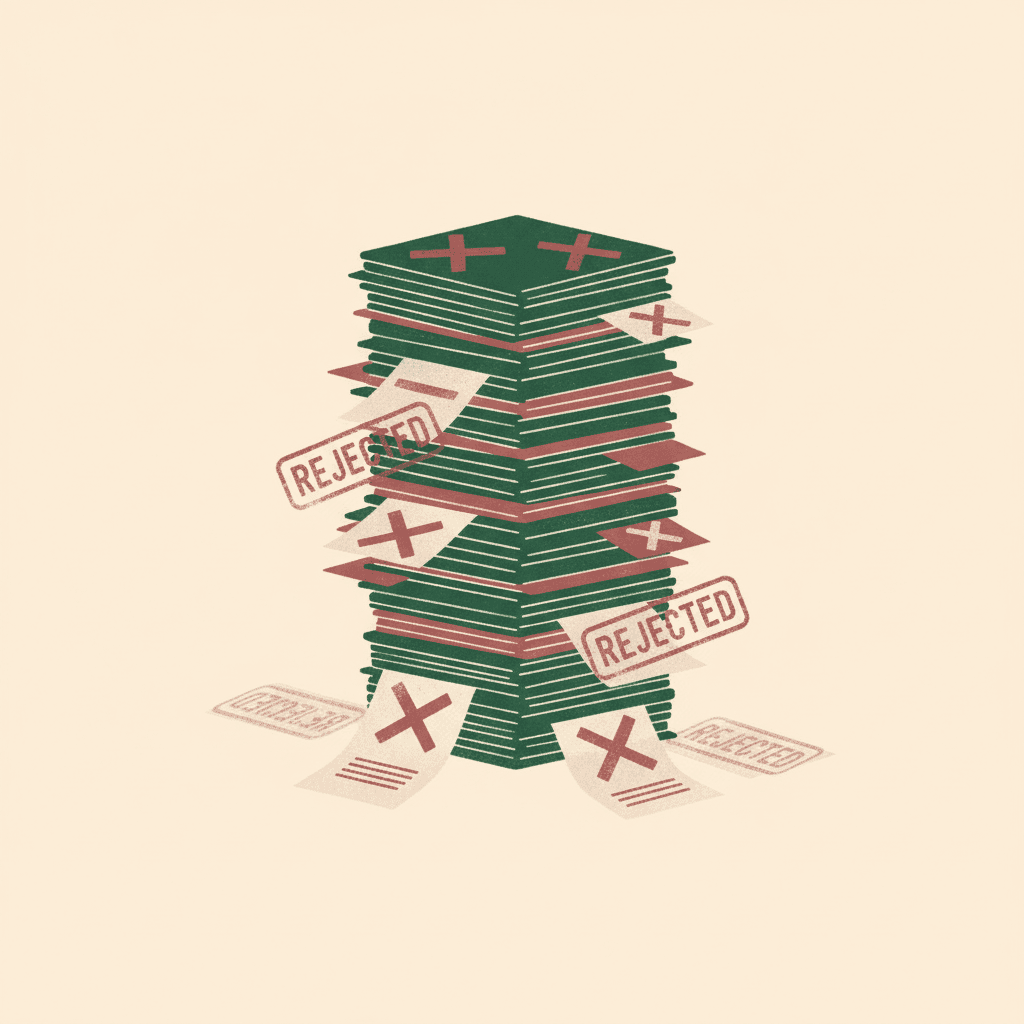 Abstract illustration of a stack of denied medical claims aging in a billing queue